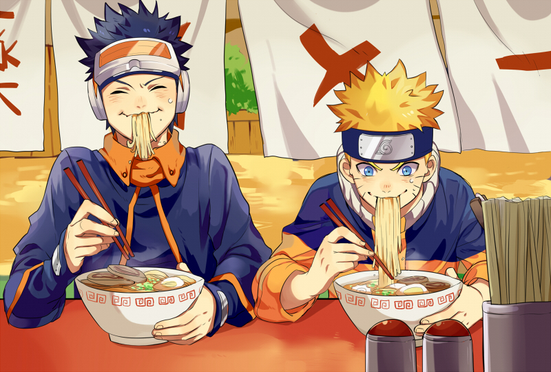 2boys black_hair blonde_hair blue_eyes bowl chopsticks colored earphones eating facial_mark goggles goggles_on_head headband naruto naruto_(series) ramen spiked_hair time_paradox uchiha_obito uzumaki_naruto