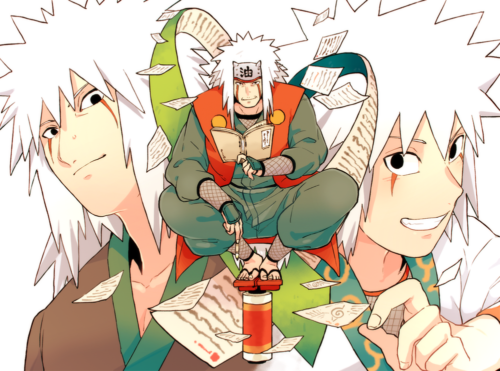 1boy age_progression black_eyes book colored facial_mark hand_guard headgear jiraiya kimono looking_at_viewer male male_focus naruto pages portrait sandals scroll smile solo spiked_hair vest white_hair