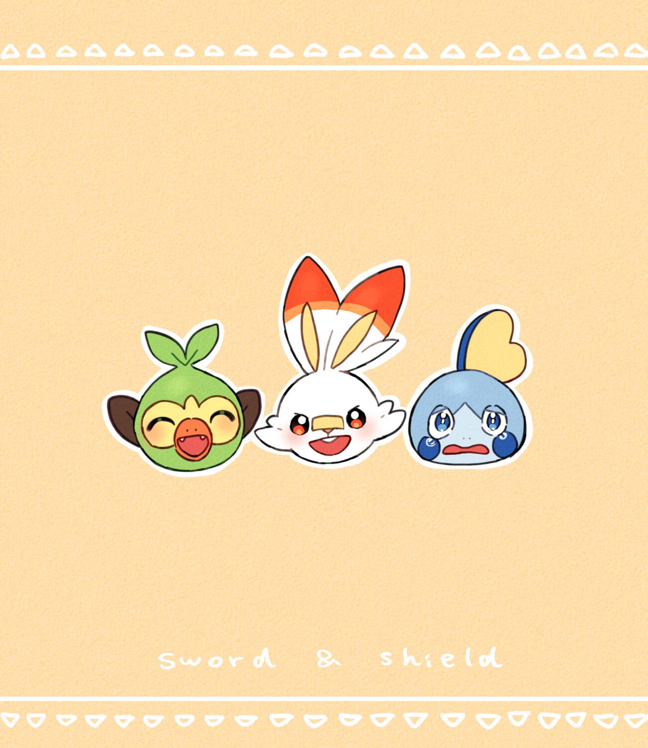 :d blue_eyes blush closed_eyes fangs grookey highres looking_at_viewer no_humans open_mouth pokemon pokemon_(creature) rpp_pic scorbunny smile sobble tearing_up