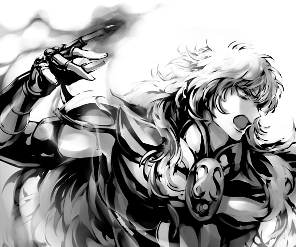 1boy angry armor digital_art energy floating_hair joka_(night_gate) long_fingernail long_hair male monochrome open_mouth saint_seiya scorpio_milo simple_background solo solo_focus white_background