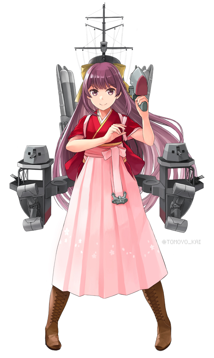 &gt;:) 1girl boots brown_footwear cross-laced_footwear eyebrows_visible_through_hair full_body hair_ribbon hakama highres japanese_clothes kamikaze_(kancolle) kantai_collection kimono lace-up_boots long_hair machinery meiji_schoolgirl_uniform pink_hakama purple_hair red_kimono ribbon rigging simple_background smile solo tomoyo_kai torpedo torpedo_launcher torpedo_tubes turret twitter_username v-shaped_eyebrows violet_eyes white_background wide_sleeves yellow_ribbon
