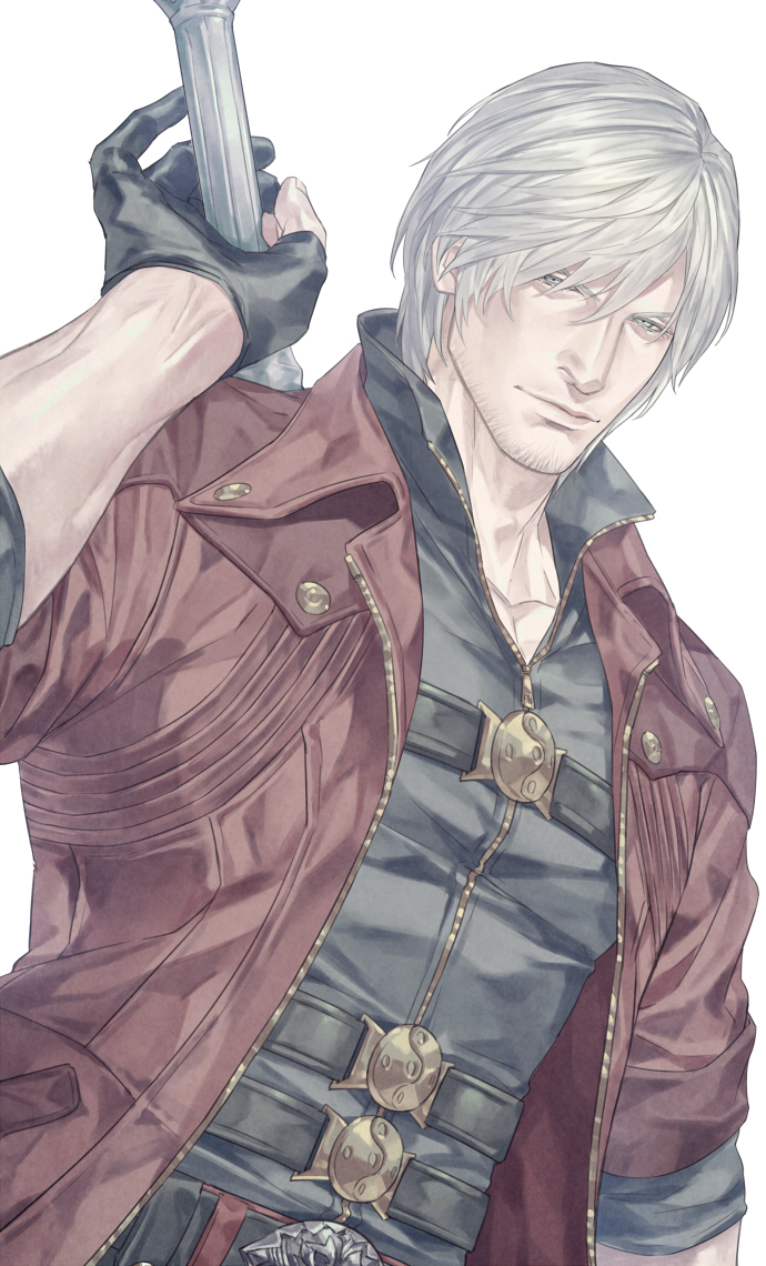 1boy belt black_shirt blue_eyes coat collarbone collared_coat dante_(devil_may_cry) devil_may_cry_(series) devil_may_cry_5 facial_hair gloves gold_trim holding holding_weapon looking_at_viewer male_focus open_clothes open_coat parted_hair partially_unbuttoned popped_collar red_coat shirt short_hair simple_background solo stubble sword talgi weapon white_hair