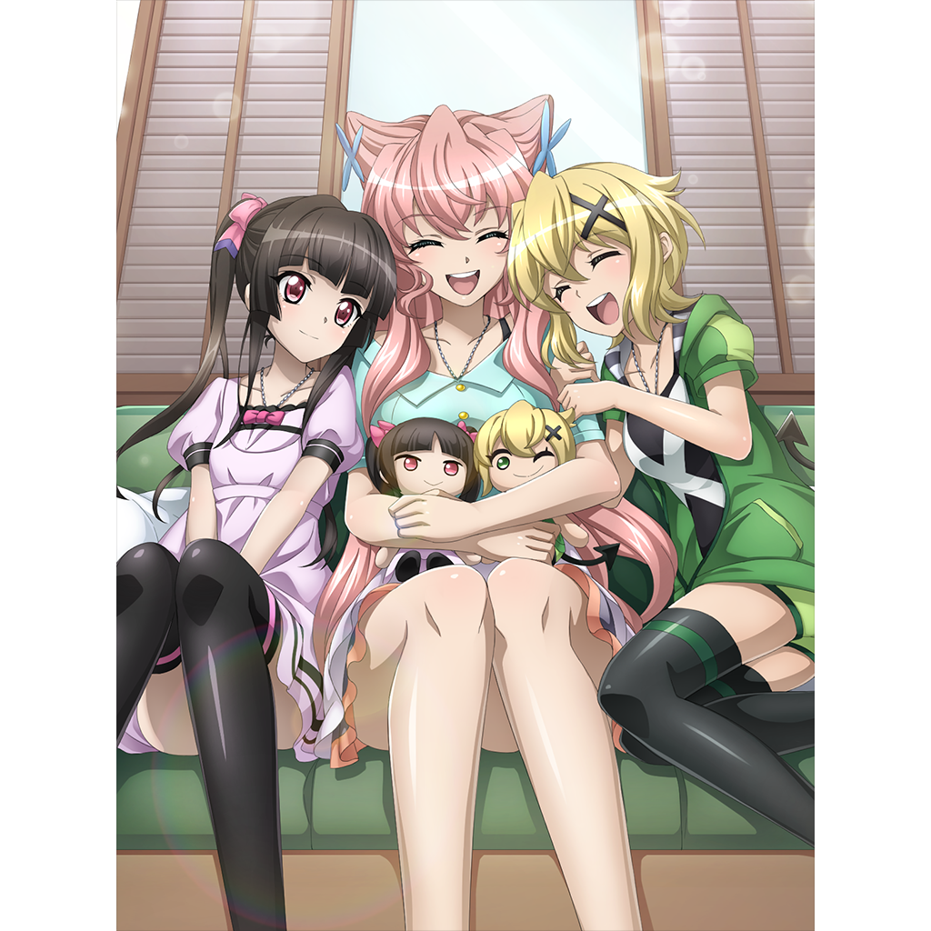 3girls akatsuki_kirika arm_hug artist_request black_hair black_legwear blonde_hair blush breasts closed_eyes closed_mouth collarbone couch eyebrows_visible_through_hair flower green_shorts hair_flower hair_ornament hair_ribbon indoors jewelry long_hair maria_cadenzavna_eve multiple_girls necklace official_art on_couch open_mouth pink_hair red_eyes ribbon senki_zesshou_symphogear shiny shiny_hair short_hair shorts sitting small_breasts smile thigh-highs tsukuyomi_shirabe twintails x_hair_ornament yuri