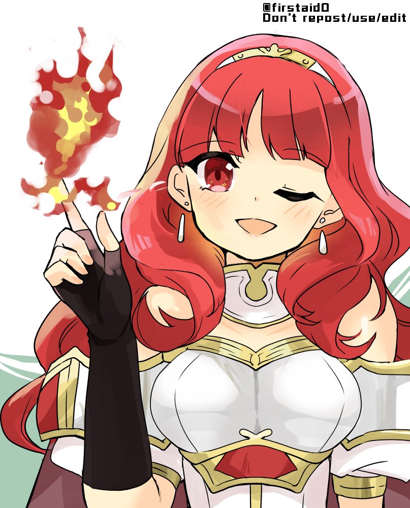 armor breastplate breasts celica_(fire_emblem) circlet earrings fingerless_gloves fire fire_emblem fire_emblem_echoes:_shadows_of_valentia fire_emblem_heroes flame gloves headband jewelry long_hair one_eye_closed princess red_eyes redhead shoulders snapping_fingers tiara yukia_(firstaid0)