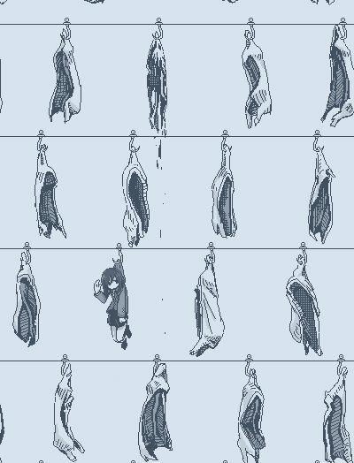 1girl blazer blood carcass dithering food hamsterfragment hand_up hanging hatching hook jacket jaggy_line long_sleeves meat medium_hair monochrome odd_one_out original raw_meat school_uniform solo string suicidal_girl_(hamsterfragment) wide_shot