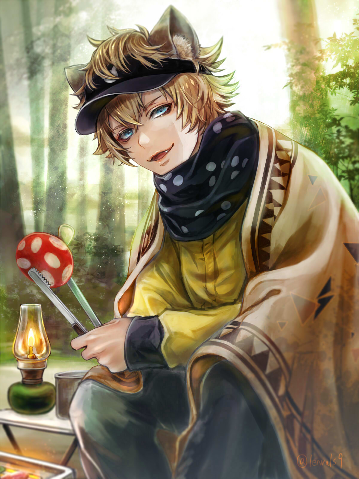 1boy black_pants black_scarf blonde_hair blue_eyes day fang fang_out food hasura_(coconutice) highres hyena_boy hyena_ears looking_at_viewer male_focus mushroom open_mouth outdoors pants ruggie_bucchi scarf shirt short_hair sitting smile solo twisted_wonderland white_shirt