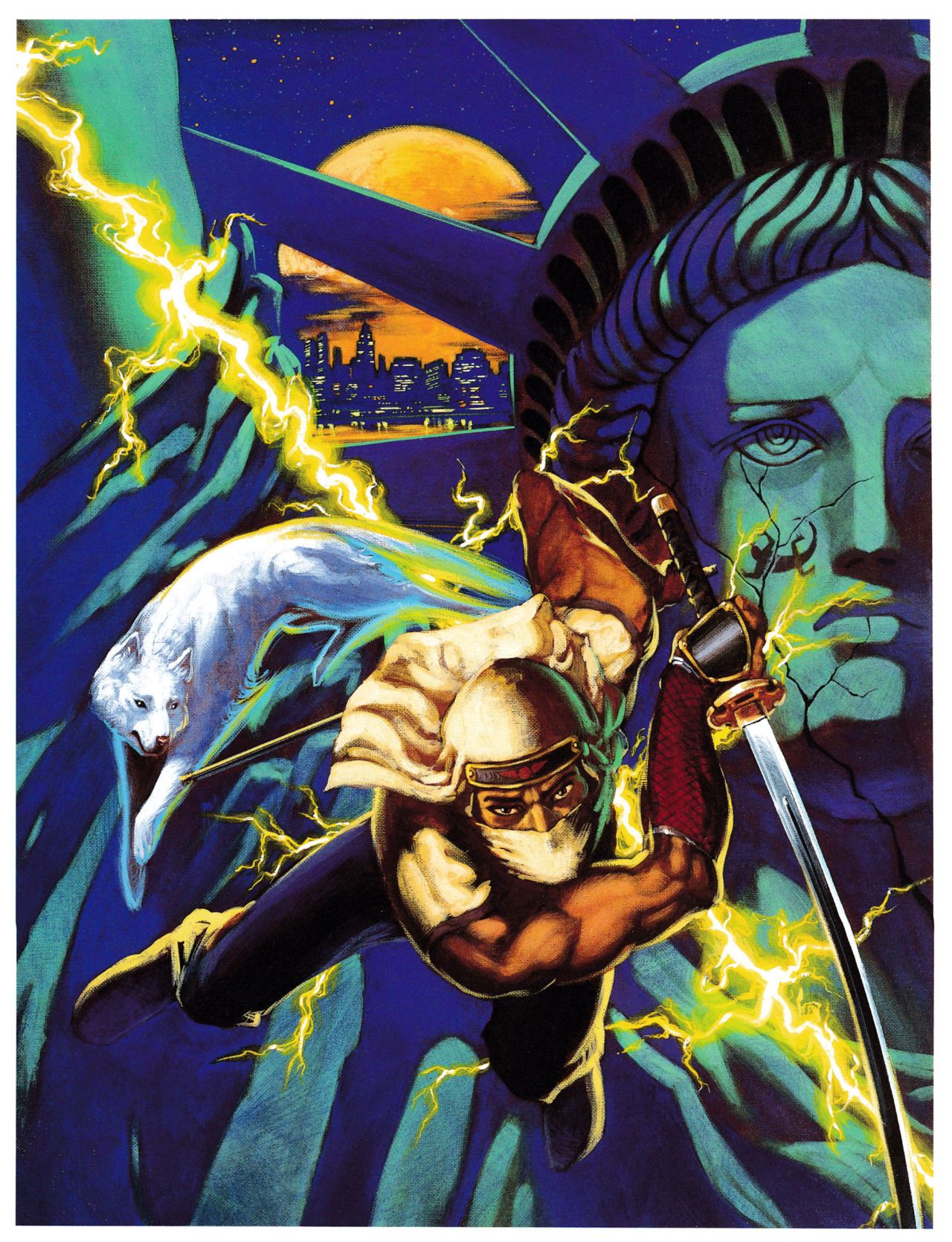 1990s_(style) 1boy artist_request battle box_art building cityscape clouds crack damaged dog electricity energy energy_barrier facial_tattoo harbor highres joe_musashi jumping katana lizard looking_at_viewer magic mask moon mouth_mask muscular new_york night night_sky ninja official_art painting pet realistic retro_artstyle scan sega shadow_dancer shinobi_(game) sky star_(sky) starry_sky statue_of_liberty sword tattoo traditional_media video_game water weapon when_you_see_it window