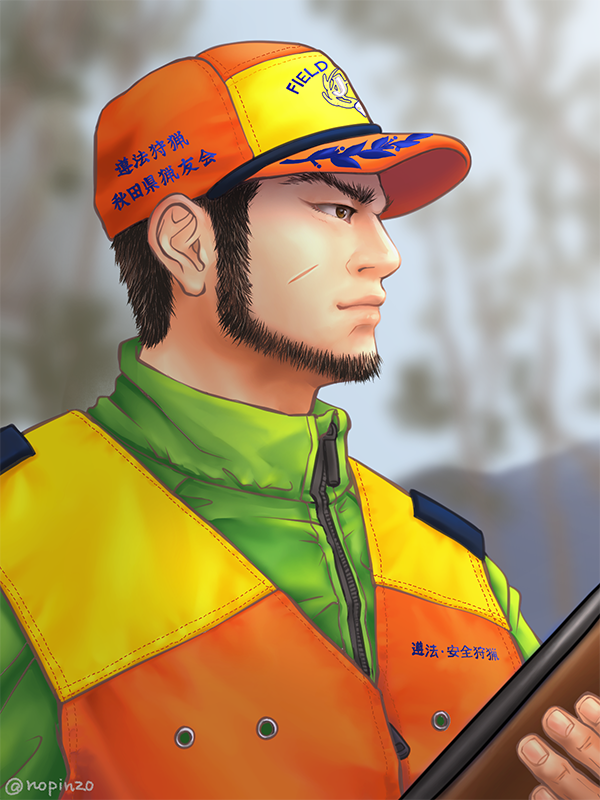 1boy alternate_costume baseball_cap beard black_hair blurry blurry_background buzz_cut contemporary facial_hair golden_kamuy green_jacket hat holding holding_notebook jacket long_sideburns male_focus mature_male nopinzo notebook scar scar_on_cheek scar_on_face short_hair sideburns smile solo tanigaki_genjirou thick_eyebrows upper_body very_short_hair zipper