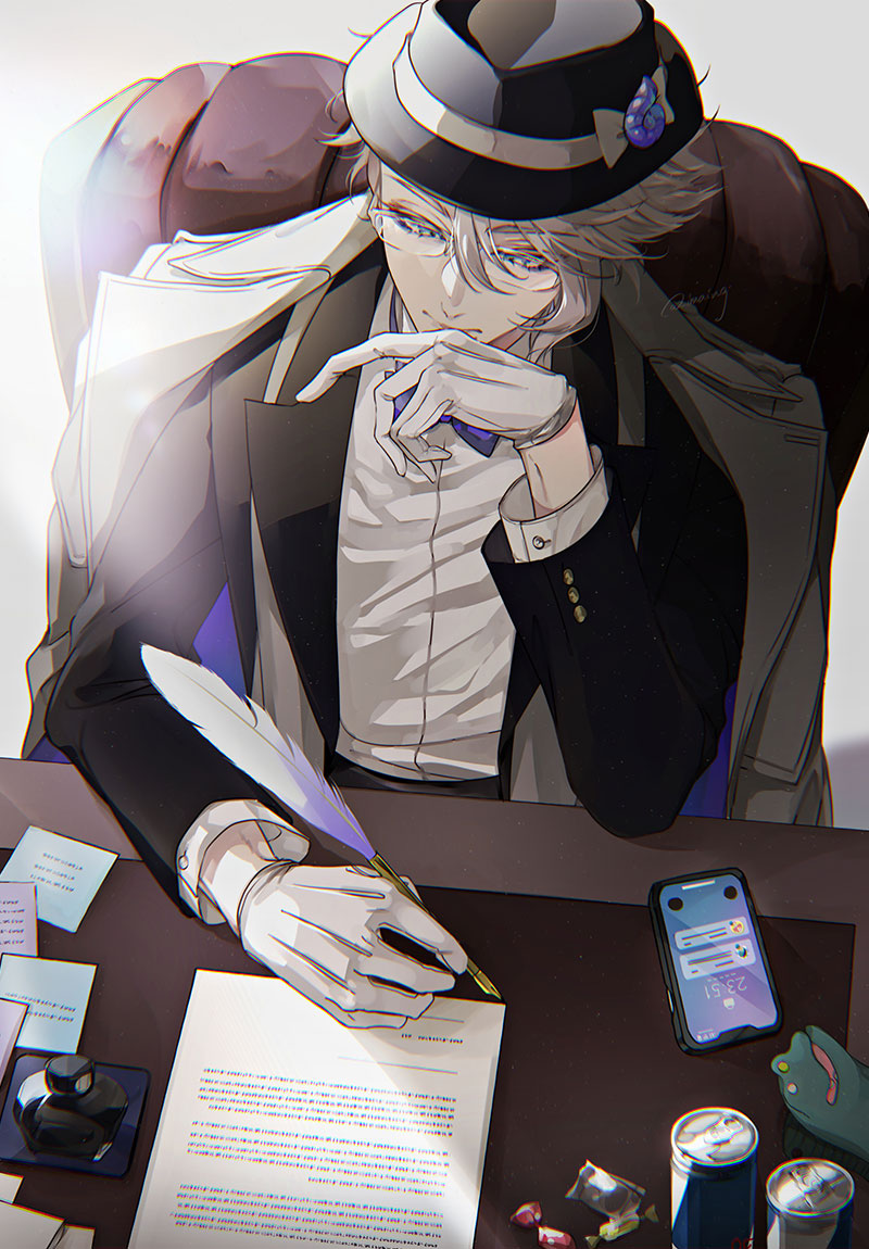 1boy artist_name azul_ashengrotto black_jacket blue_eyes bow bowtie can candy chair closed_mouth coat coat_on_shoulders food formal glasses gloves hand_up holding holding_quill jacket male_focus on_chair phone purple_neckwear quill shinsuke_(moccori) shirt short_hair silver_hair sitting soda_can solo twisted_wonderland white_gloves white_shirt