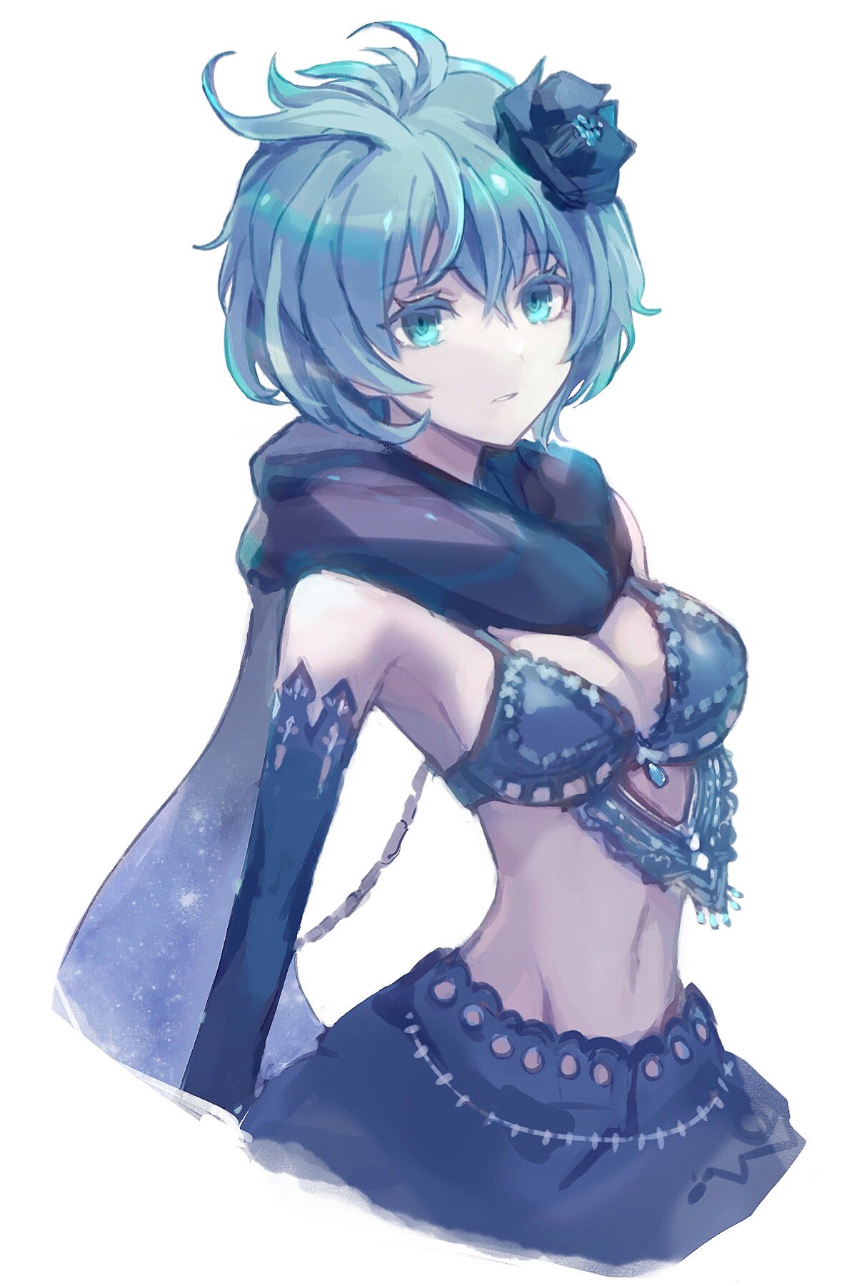 1girl antenna_hair blue_bra blue_eyes blue_flower blue_gloves blue_hair blue_scarf bra commentary drag-on_dragoon drag-on_dragoon_3 elbow_gloves eyebrows_visible_through_hair flower gloves hair_flower hair_ornament highres lace_trim lingerie messy_hair midriff miichinori parted_lips scarf short_hair simple_background solo stomach two_(drag-on_dragoon) underwear white_background