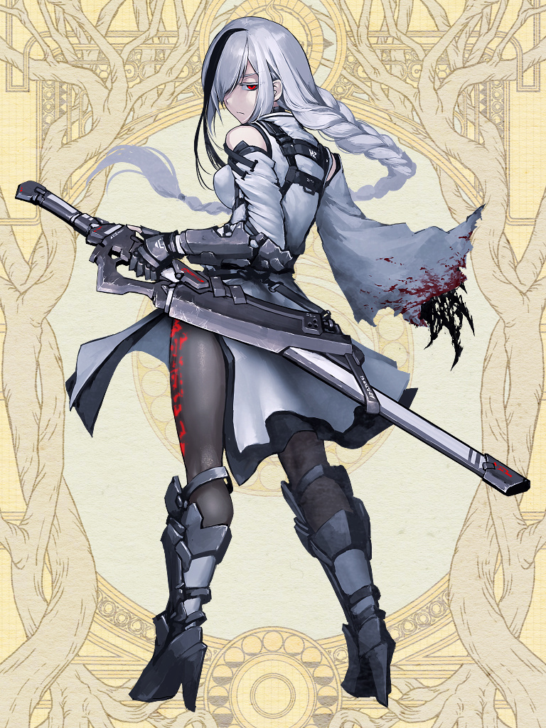 1girl arm_armor black_legwear blood blood_on_clothes boots braid breasts brown_background closed_mouth dairoku_youhei detached_sleeves dress from_behind frown full_body grey_footwear grey_hair hair_over_one_eye hetza_(hellshock) high_heels holding holding_weapon leg_armor long_hair looking_at_viewer medium_breasts multicolored_hair pantyhose red_eyes sheath sheathed side_slit single_braid solo standing streaked_hair sword torn_clothes very_long_hair weapon white_dress