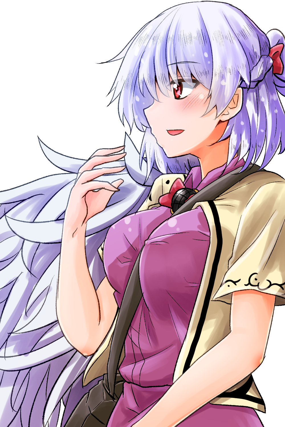 1girl angel_wings arm_up bag beige_jacket between_breasts blush bow bowtie braid breasts commentary_request cropped_legs dress eyebrows_visible_through_hair feathered_wings french_braid hair_between_eyes hair_bow half_updo highres kishin_sagume large_breasts looking_to_the_side one-hour_drawing_challenge open_mouth oshiaki purple_dress red_eyes red_neckwear short_hair short_sleeves silver_hair simple_background single_wing solo strap_between_breasts touhou transparent_background white_background wings