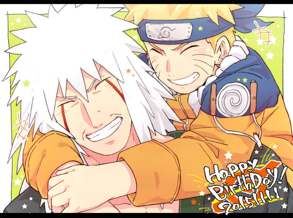 2boys age_difference blonde_hair colored eyes_closed facial_mark headband hug jacket jiraiya male master_and_pupil naruto naruto_(series) portrait simple_background smile spiked_hair uzumaki_naruto white_background white_hair