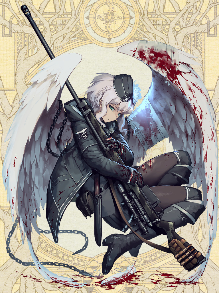 1girl anti-materiel_rifle belt belt_pouch black_coat black_footwear black_gloves black_headwear black_skirt blood blood_on_clothes blood_splatter blue_eyes boots braid brown_background cartridge chain closed_mouth coat dairoku_youhei feathered_wings feathers from_side full_body garrison_cap gloves gun hat hetza_(hellshock) high_heels holding holding_weapon hooded_coat knee_boots knife long_sleeves looking_at_viewer medium_hair pantyhose patch pleated_skirt pouch rifle sheath sheathed skirt sniper_rifle solo torn_clothes torn_legwear weapon white_hair white_wings wings