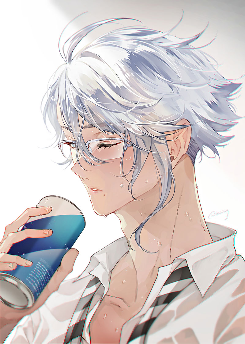 &gt;_o 1boy artist_name azul_ashengrotto bangs blue_eyes can glasses holding holding_can male_focus mole mole_under_mouth necktie one_eye_closed parted_lips shinsuke_(moccori) shirt short_hair silver_hair soda_can solo twisted_wonderland undone_necktie upper_body wet wet_clothes wet_face wet_hair white_background white_shirt