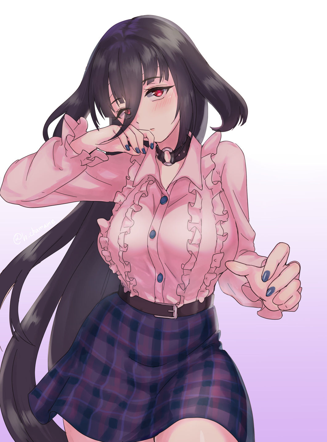 1girl arm_up bangs belt beltskirt black_hair blue_nails blush breasts buttons chamame checkered checkered_skirt choker closed_mouth collared_shirt expressionless eyebrows_visible_through_hair frilled_shirt frills gradient gradient_background hair_between_eyes highres large_breasts long_hair medium_skirt multicolored multicolored_background nail_polish o-ring o-ring_choker pink_shirt purple_background red_eyes shirt sidelocks skirt solo standing very_long_hair white_background yamada_tae zombie_land_saga