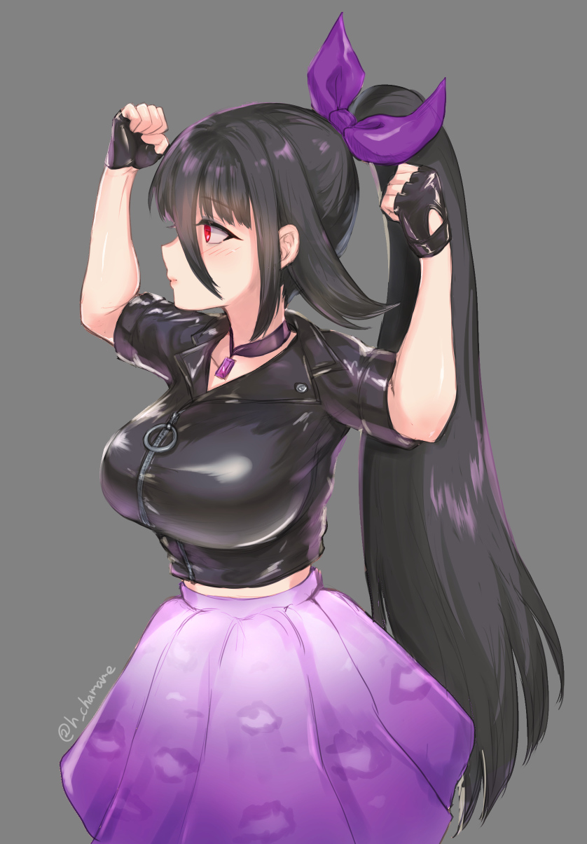 1girl arms_up artist_name bangs black_hair breasts chamame clenched_hands closed_mouth cowboy_shot fingerless_gloves gloves grey_background hair_between_eyes hair_ornament hair_ribbon highres idol jacket jewelry large_breasts leather leather_jacket long_hair midriff_peek necklace o-ring ponytail purple_skirt red_eyes ribbon shiny shiny_clothes sidelocks simple_background skirt solo standing very_long_hair yamada_tae zipper zombie_land_saga