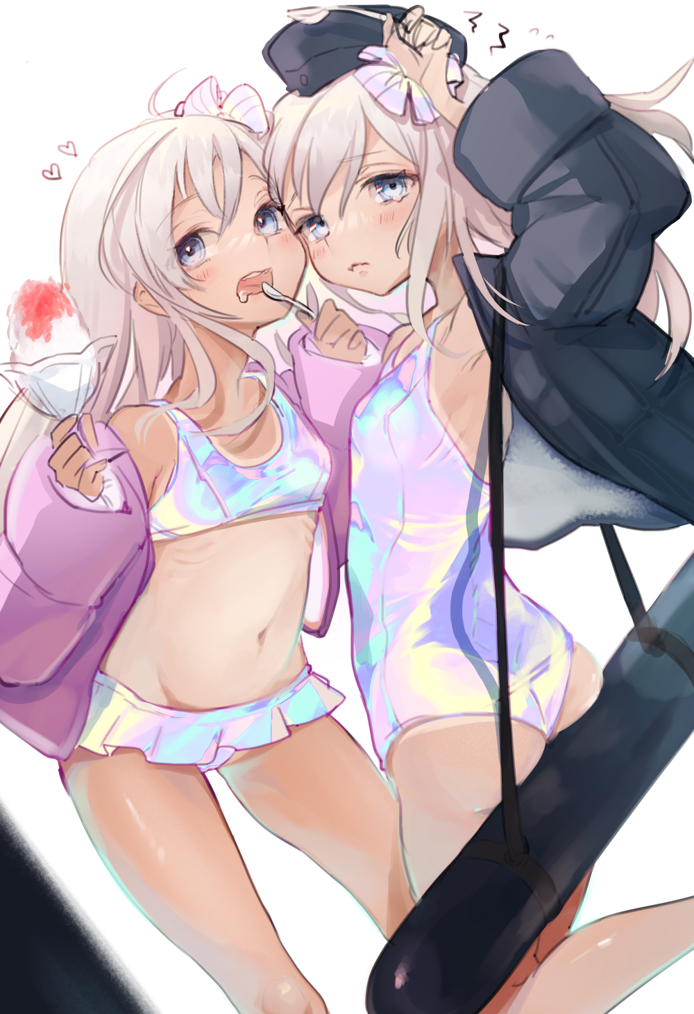 2girls arm_up ass bangs bikini black_jacket blue_eyes blush breasts closed_mouth dual_persona frilled_bikini frills garrison_cap hat heart highres holding holding_spoon iridescent jacket kantai_collection long_hair long_sleeves looking_at_viewer multiple_girls one-piece_swimsuit one-piece_tan open_clothes open_jacket open_mouth pink_jacket ro-500_(kancolle) ruohire9 saliva shaved_ice simple_background small_breasts spoon swimsuit tan tanlines torpedo u-511_(kancolle) white_background white_hair