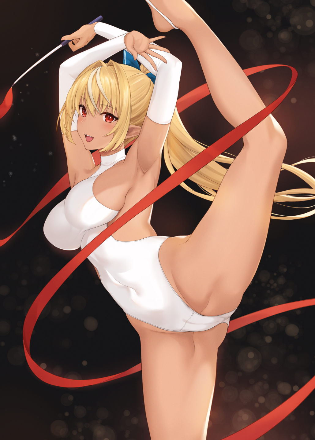 1girl :d armpits arms_up athletic_leotard bangs bare_legs blonde_hair blush breasts commentary covered_navel dark-skinned_female dark_skin detached_sleeves eyebrows_visible_through_hair gymnastics gymnastics_ribbon hair_between_eyes highres holding hololive large_breasts leotard long_hair long_sleeves looking_at_viewer multicolored_hair open_mouth red_eyes red_ribbon ribbon shiranui_flare shirt smile solo split standing standing_on_one_leg standing_split streaked_hair symbol-only_commentary terry_(pixiv3274443) virtual_youtuber white_leotard white_shirt