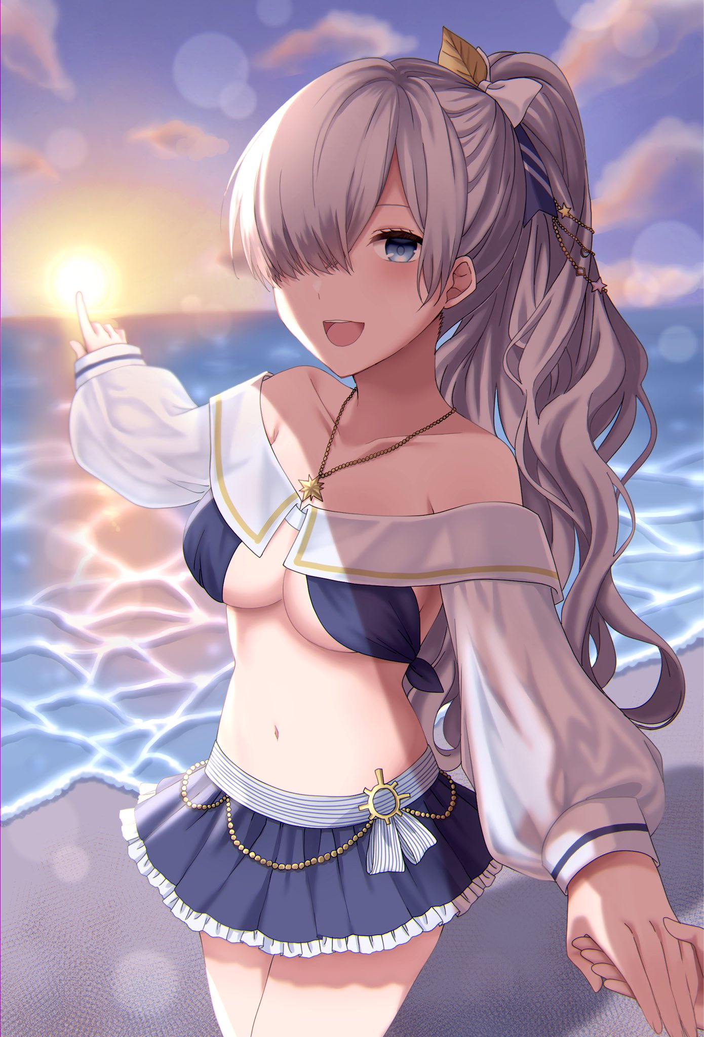 1girl anastasia_(fate) anastasia_(swimsuit_archer)_(fate) beach bikini bikini_skirt blue_bikini blue_eyes bow breasts commentary_request fate/grand_order fate_(series) hair_bow hair_over_one_eye highres jewelry leaf long_hair looking_at_viewer medium_breasts midriff navel necklace ocean outdoors pointing ponytail pov pov_hands silver_hair sunset swimsuit under_boob white_bow zhu_li