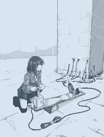 1girl blazer cable closed_mouth detonator drill hamsterfragment jacket jaggy_line kneeling long_sleeves looking_to_the_side medium_hair monochrome mountainous_horizon neck_ribbon original outdoors over-kneehighs pillar plank power_drill profile ribbon school_uniform skirt solo suicidal_girl_(hamsterfragment) thigh-highs