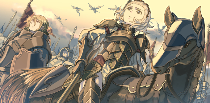 1girl 2boys 6+others armor army barding black_eyes blonde_hair breastplate bridle cavalry closed_mouth clouds commentary_request dated_commentary day dragon dutch_angle emblem faceless faceless_male fantasy faulds fire_emblem fire_emblem_fates flag flagpole from_below frown gauntlets greaves hair_between_eyes half-closed_eyes harusame_(rueken) helmet holding holding_flag holding_lance holding_polearm holding_shield holding_spear holding_weapon horse horse_armor horseback_riding ignatius_(fire_emblem) jitome knight lance light_brown_hair long_sleeves looking_afar medium_hair multiple_boys multiple_others orange_sky outdoors pauldrons plate_armor polearm reins riding saddle shield shiny shiny_hair short_hair shoulder_armor sidelocks sky sophie_(fire_emblem) spear standard_bearer standing sunrise thigh-highs tsurime weapon wyvern