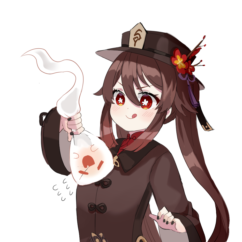 1girl :d :q ahoge bangs black_nails brown_hair chinese_clothes commentary_request eyebrows_visible_through_hair flower flying_sweatdrops genshin_impact ghost hair_between_eyes hat hat_flower hat_ornament holding hu_tao_(genshin_impact) long_hair long_sleeves miyako_draw open_mouth pulling red_eyes sidelocks simple_background smile symbol-shaped_pupils tongue tongue_out v-shaped_eyebrows white_background