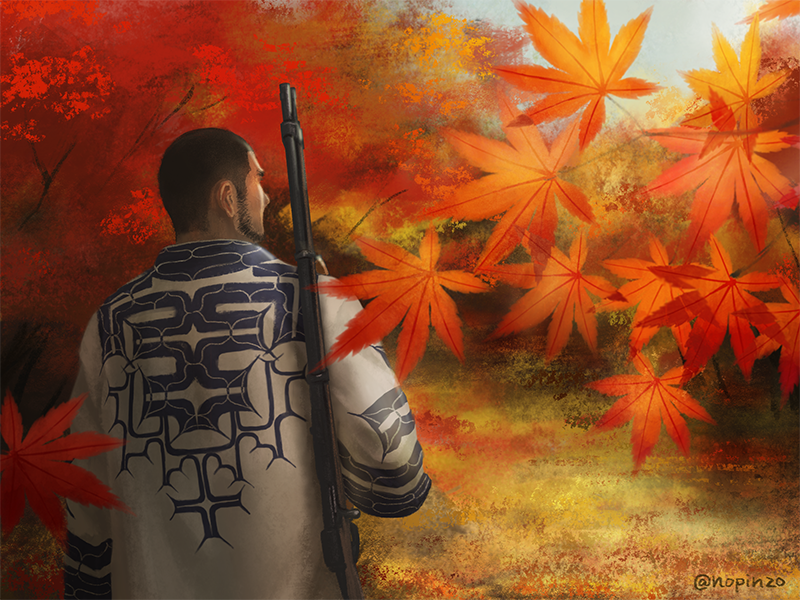 1boy ainu_clothes autumn autumn_leaves beard black_hair facial_hair from_behind golden_kamuy gun holding holding_gun holding_weapon leaf long_sideburns looking_to_the_side male_focus nopinzo over_shoulder rifle short_hair sideburns solo tanigaki_genjirou tree upper_body weapon weapon_over_shoulder