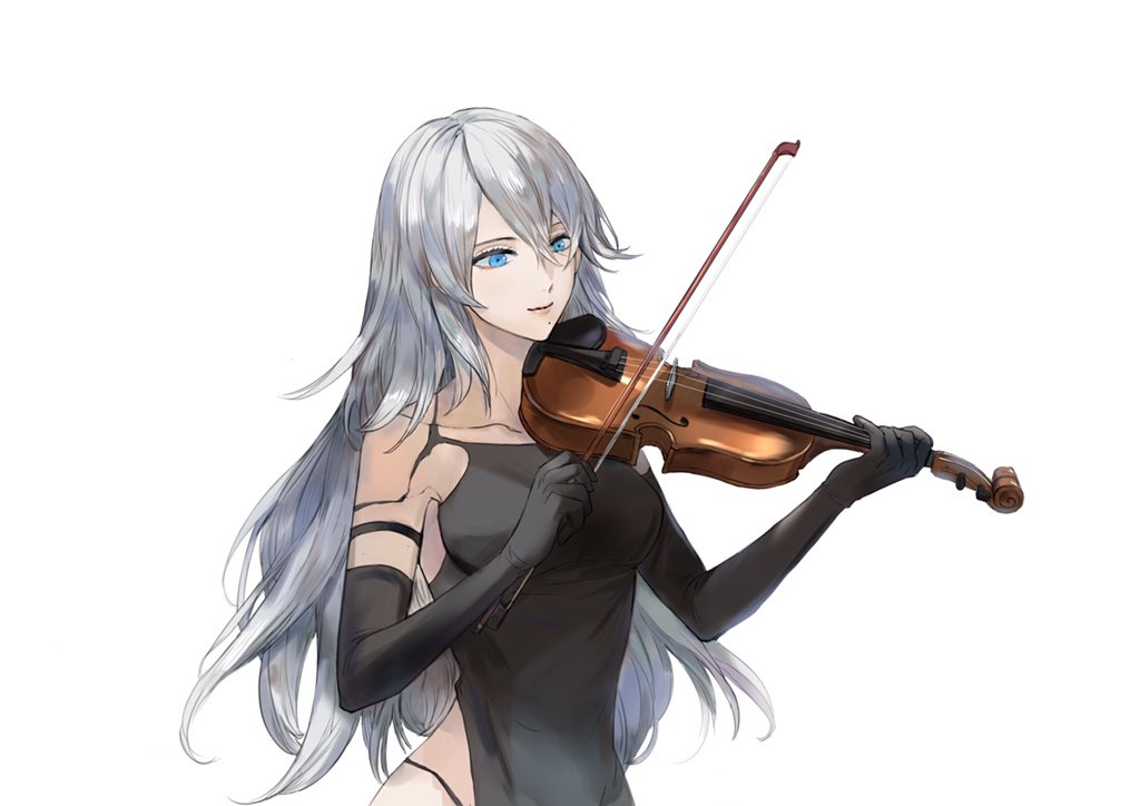 android armlet black_gloves black_tank_top blue_eyes breasts collarbone elbow_gloves gloves hair_between_eyes instrument joints long_hair medium_breasts mole mole_under_mouth music nier_(series) nier_automata playing_instrument robot_joints shaokao_range simple_background tank_top violin white_background white_hair yorha_type_a_no._2