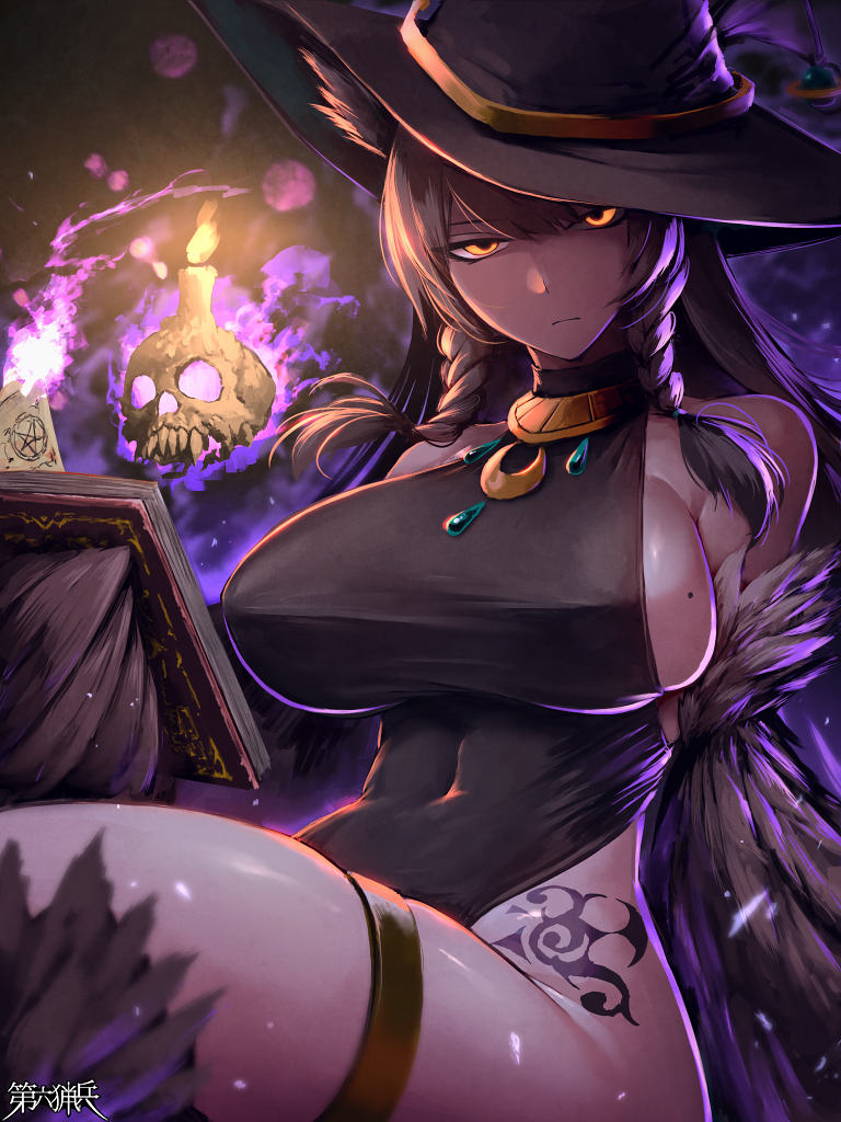 1girl black_dress black_headwear book braid breasts candle closed_mouth copyright_name cowboy_shot dairoku_youhei dress feathered_wings frown harpy hat hetza_(hellshock) holding holding_book huge_breasts long_hair looking_at_viewer magic monster_girl pentagram sideboob sitting skull sleeveless sleeveless_dress solo tattoo twin_braids winged_arms wings witch_hat