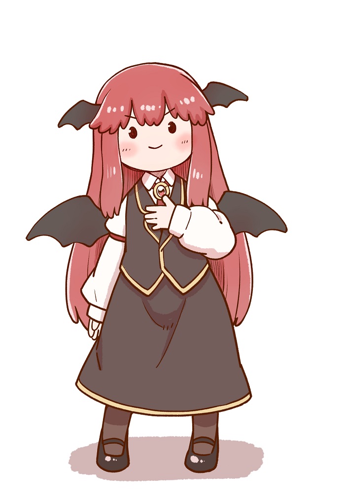 1girl bangs bat_wings black_footwear black_legwear black_skirt black_vest closed_mouth collared_shirt eyebrows_visible_through_hair full_body hand_on_own_chest head_wings juliet_sleeves koakuma long_hair long_sleeves looking_at_viewer multiple_wings poronegi puffy_sleeves redhead shirt simple_background skirt smile solid_oval_eyes solo standing touhou v-shaped_eyebrows vest white_background white_shirt wings