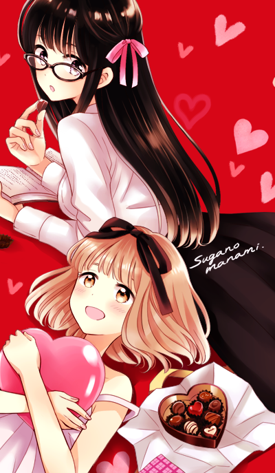 2girls :d :o artist_name bangs bare_shoulders black-framed_eyewear black_hair black_ribbon black_skirt blush book box box_of_chocolates breasts brown_eyes candy chocolate collared_shirt commentary_request crossed_arms dress fingernails food glasses hair_ribbon happy heart heart-shaped_box heart-shaped_chocolate heart_background himawari-san himawari-san_(character) holding holding_book holding_chocolate holding_food holding_heart kazamatsuri_matsuri light_brown_hair long_hair long_skirt long_sleeves looking_at_viewer looking_back lying medium_breasts multiple_girls napkin on_back on_stomach open_book open_mouth pink_ribbon red_background ribbon shiny shiny_hair shirt shirt_tucked_in short_hair skirt sleeveless sleeveless_dress smile strap_slip sugano_manami valentine white_dress white_shirt