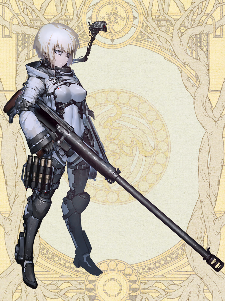 1girl anti-materiel_rifle black_gloves breasts brown_background cartridge closed_mouth dairoku_youhei from_side full_body gloves gun hetza_(hellshock) holding holding_weapon hood hooded_jacket jacket leg_armor medium_breasts rifle short_hair skin_tight sniper_rifle solo standing weapon white_eyes white_hair white_jacket