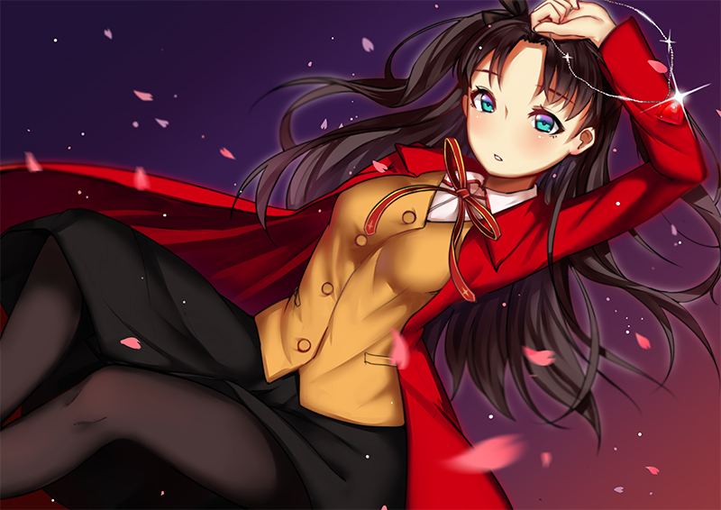 1girl arm_on_head black_skirt blue_eyes blush breasts brown_hair cherry_blossoms dutch_angle fate/stay_night fate_(series) gem holding holding_jewelry holding_necklace homurahara_academy_uniform jacket jewelry long_coat looking_at_viewer medium_breasts neck_ribbon necklace pantyhose parted_lips petals purple_background red_jacket ribbon shirt skirt solo sunege_(hp0715) tohsaka_rin vest white_shirt yellow_vest