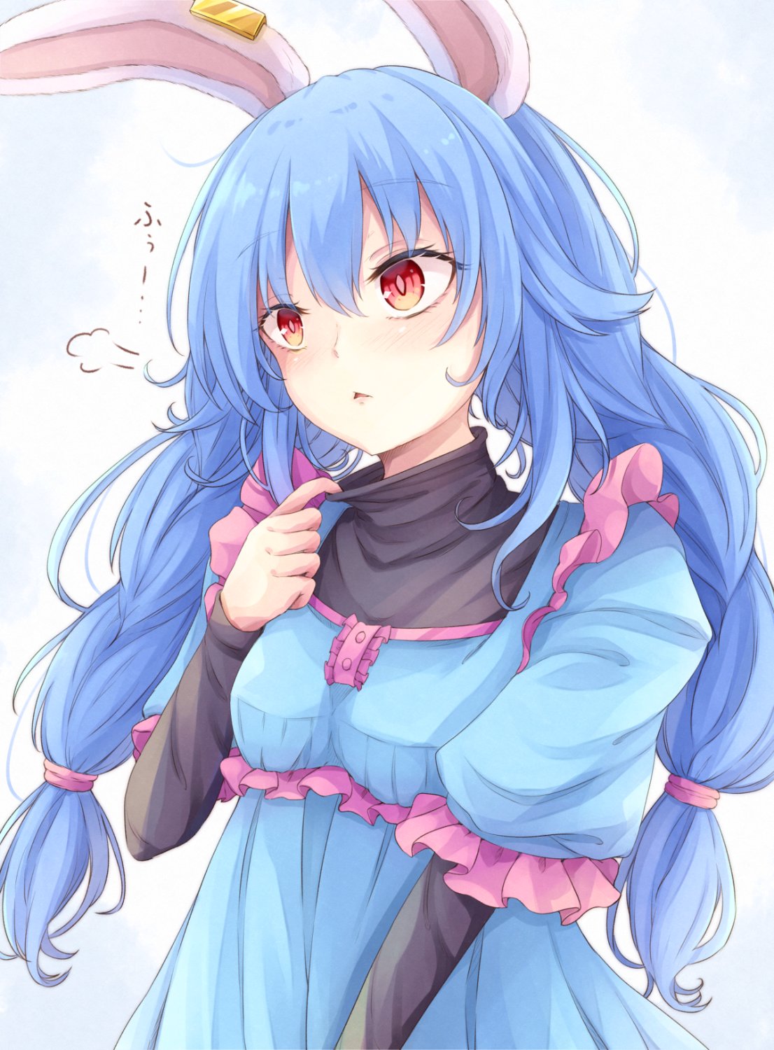 1girl animal_ears bangs blue_dress blue_hair clothes_pull dress ear_clip eyebrows_visible_through_hair highres layered_sleeves long_hair long_sleeves looking_to_the_side low_twintails neko_mata parted_lips rabbit_ears red_eyes seiran_(touhou) short_over_long_sleeves short_sleeves simple_background solo touhou twintails upper_body white_background
