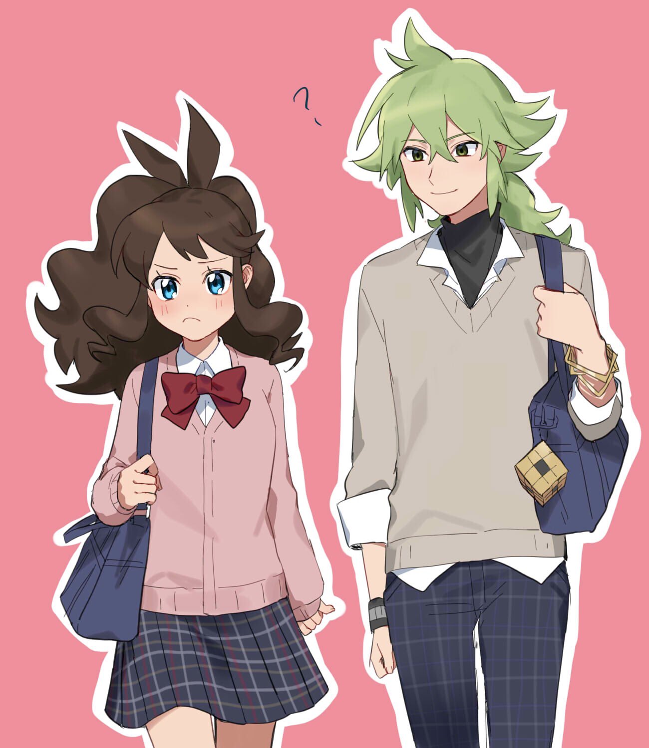 1boy 1girl ? alternate_costume bag bangle bangs blue_eyes blush bow bowtie bracelet brown_hair cardigan closed_mouth collared_shirt commentary_request eyelashes frown green_hair grey_sweater hair_between_eyes handbag highres hilda_(pokemon) holding_strap jewelry long_hair n_(pokemon) outline pants pink_background pink_cardigan plaid plaid_pants plaid_skirt pokemon pokemon_(game) pokemon_bw red_neckwear rpp_pic shirt sidelocks simple_background skirt smile sweater undershirt white_shirt