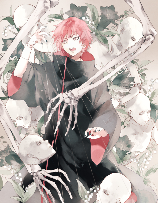 1boy akatsuki doll facing_away flower male male_focus male_only nail_polish naruto open_mouth redhead sasori_(naruto) skeletal_arm solo strings trench_coat trenchcoat