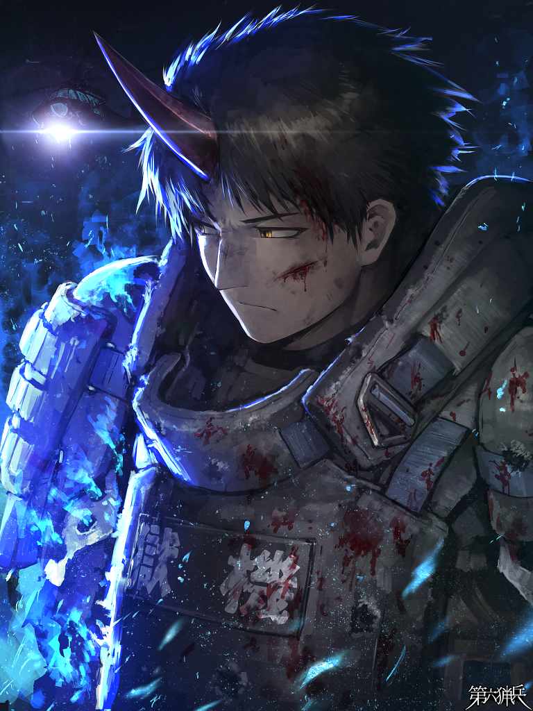 1boy aircraft armor black_background black_hair blood blood_on_clothes blood_on_face character_request closed_mouth copyright_name dairoku_youhei helicopter hetza_(hellshock) horns injury lens_flare shoulder_armor single_horn solo uh-60_blackhawk upper_body yellow_eyes