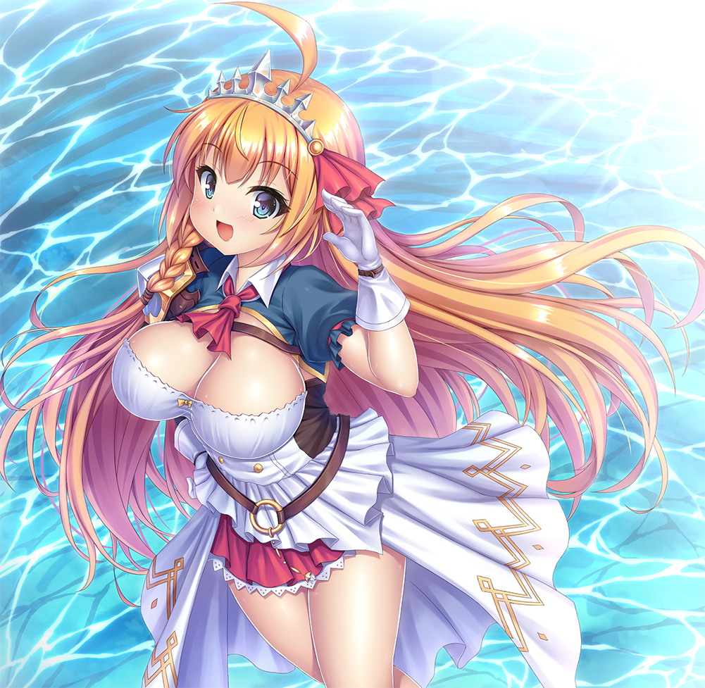1girl :d ahoge blonde_hair blue_eyes breasts cowboy_shot gloves hair_ribbon hand_on_hip large_breasts long_hair looking_at_viewer neckerchief open_mouth pecorine_(princess_connect!) princess_connect! red_neckwear red_ribbon red_skirt ribbon shiny shiny_skin skirt smile solo standing takeponi tiara water white_gloves