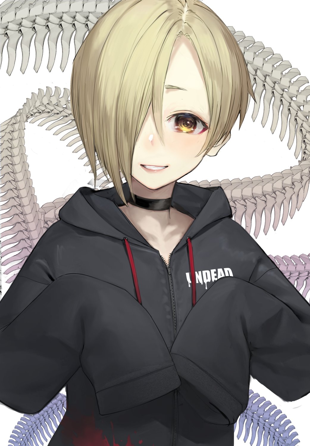 1girl bangs black_choker black_hoodie blonde_hair blood blood_on_clothes blush choker commentary_request grin hair_over_one_eye hands_up highres hood hood_down hoodie idolmaster idolmaster_cinderella_girls long_sleeves looking_at_viewer nyatabe shirasaka_koume short_hair skull sleeves_past_fingers sleeves_past_wrists smile solo upper_body yellow_eyes