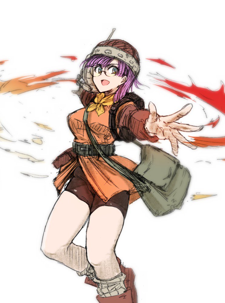 1girl a0midori bag belt bike_shorts blue_eyes chrono_trigger glasses helmet looking_at_viewer lucca_ashtear magic open_mouth purple_hair scarf short_hair shoulder_bag simple_background smile solo soxkyo white_background