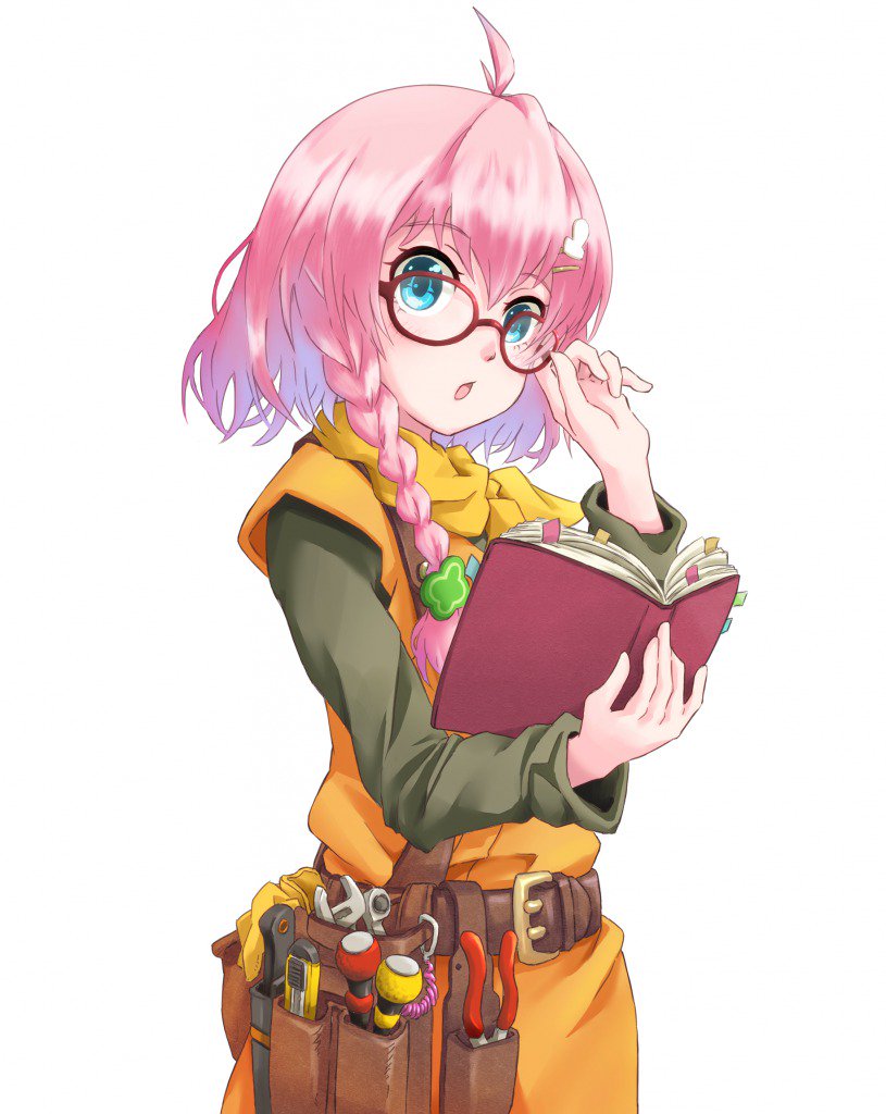 1girl ahoge belt blue_eyes braid chrono_trigger cosplay glasses hair_ornament hairclip kanimusiv_v looking_at_viewer lucca_ashtear open_mouth pink_hair scarf short_hair simple_background single_braid solo virtual_youtuber white_background wrench