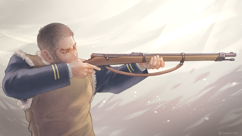 1boy arisaka black_hair blue_jacket bolt_action buzz_cut from_side golden_kamuy gun holding holding_gun holding_weapon jacket long_sideburns looking_to_the_side male_focus military military_uniform nopinzo pectorals pointing_weapon rifle short_hair sideburns snow solo tanigaki_genjirou thick_eyebrows uniform very_short_hair weapon wind