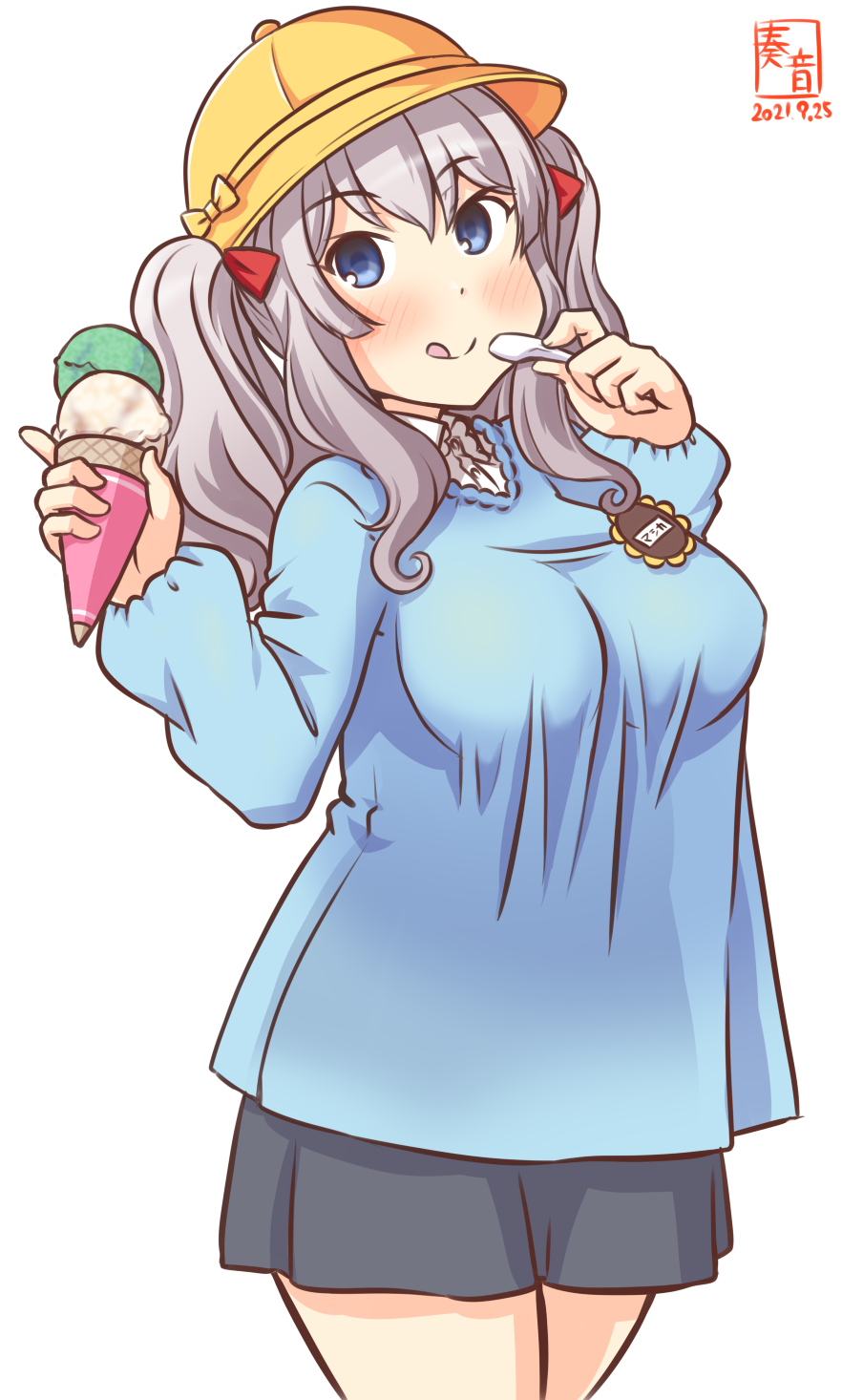 1girl :q alternate_costume artist_logo bangs blue_shirt cowboy_shot dated eyebrows_visible_through_hair food grey_eyes hat highres holding holding_food ice_cream_cone kanon_(kurogane_knights) kantai_collection kashima_(kancolle) kindergarten_uniform licking_lips long_hair long_sleeves looking_at_viewer name_tag one-hour_drawing_challenge school_hat shirt sidelocks silver_hair simple_background smile solo standing tongue tongue_out twintails wavy_hair white_background
