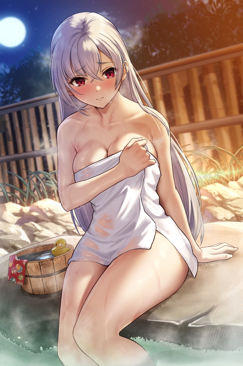 bare_shoulders bathhouse breasts highres large_breasts long_hair looking_at_viewer naked_towel nervous onsen original outdoors poolside red_eyes sitting solar_(happymonk) source_request thick_thighs thigh-highs thighs towel white_hair