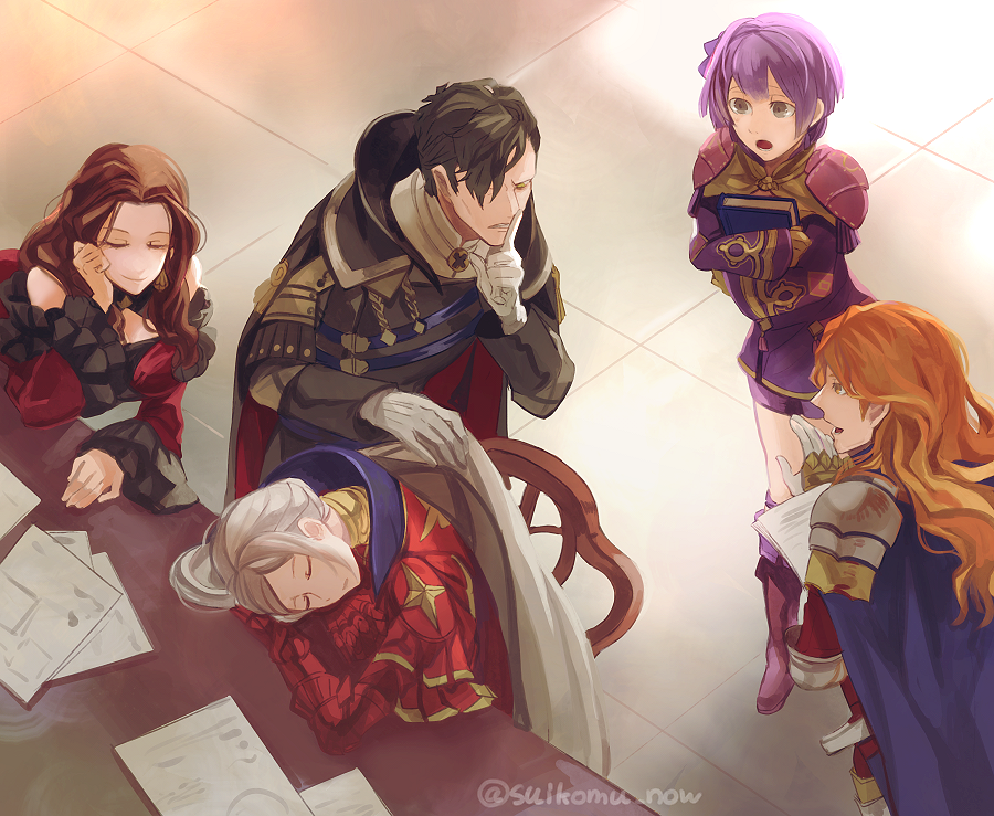 2boys 3girls armor armored_dress bare_shoulders bernadetta_von_varley black_cape black_hair blue_cape book boots brown_hair cape closed_eyes closed_mouth dorothea_arnault dress earrings edelgard_von_hresvelg ferdinand_von_aegir finger_to_mouth fire_emblem fire_emblem:_three_houses frilled_sleeves frills gauntlets gloves grey_eyes hair_over_one_eye holding holding_book hubert_von_vestra index_finger_raised indoors jewelry long_hair long_sleeves looking_at_another multiple_boys multiple_girls object_hug open_mouth orange_eyes orange_hair paper ponytail purple_dress purple_footwear purple_hair purple_shorts red_armor red_dress short_hair short_shorts shorts shoulder_armor shushing side_ponytail sitting sleeping smile strapless strapless_dress suikomu_now table teeth tongue twitter_username wavy_hair white_gloves white_hair wide_sleeves yellow_eyes yellow_gloves