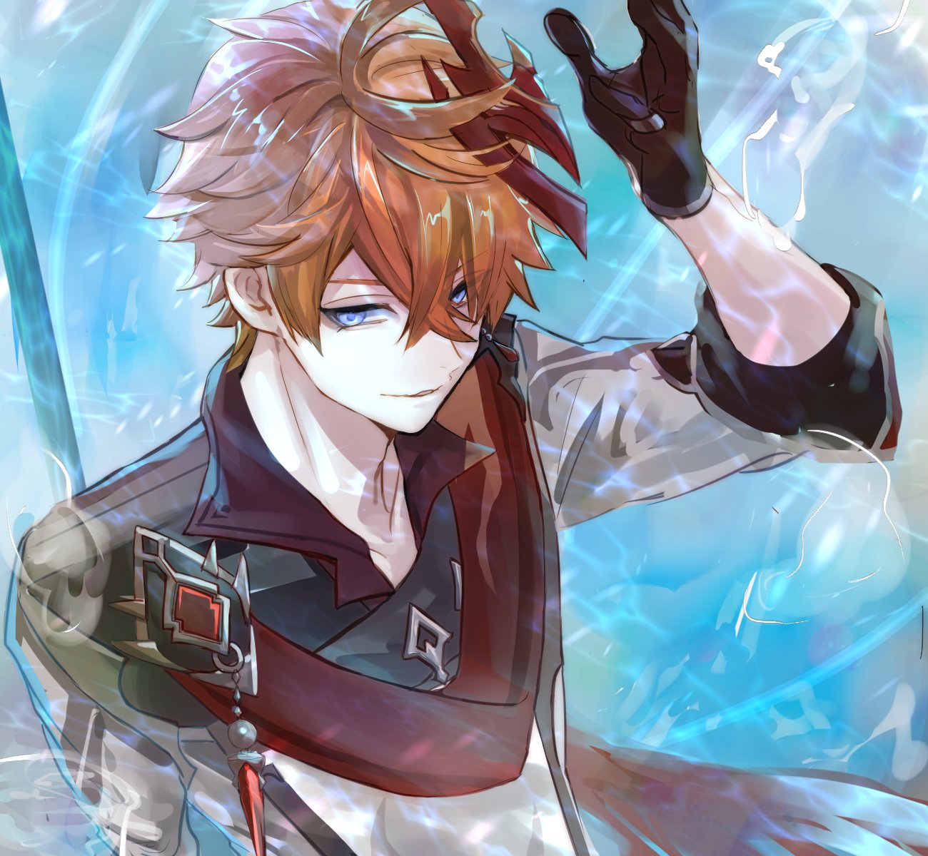 1boy bangs black_gloves blue_eyes closed_mouth genshin_impact gloves grey_jacket half_gloves hand_up highres jacket male_focus mask mask_on_head orange_hair penyo1989 red_mask red_scarf scarf short_hair smile solo tartaglia_(genshin_impact) upper_body