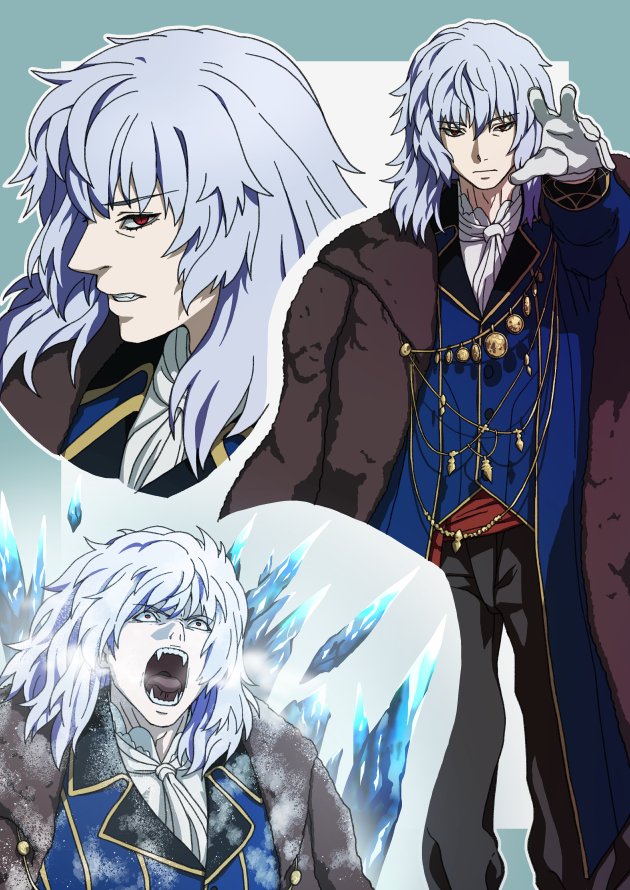 1boy ascot bangs black_pants blue_border blue_coat border breath clenched_teeth closed_mouth coat coat_on_shoulders cropped_shoulders fangs feet_out_of_frame frost fur_coat gloves grey_background grey_hair ice icicle kiya_hajime long_sleeves looking_at_viewer male_focus medium_hair multiple_views open_clothes open_coat open_mouth outstretched_arm pants parted_lips red_eyes sash sidelocks teeth tongue tsukihime tsukihime_(remake) tsurime upper_body vlov_arkhangel white_gloves white_neckwear wide-eyed winter_clothes winter_coat