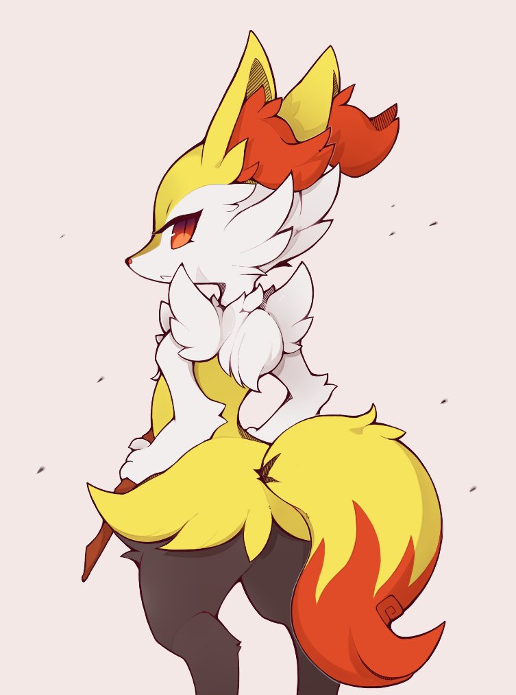 :&lt; animal_ear_fluff animal_ears ass braixen commentary english_commentary feet_out_of_frame fox_ears fox_tail from_behind furry hand_on_hip holding holding_stick liteee looking_at_viewer looking_back pink_background pokemon pokemon_(game) red_eyes red_nose simple_background slit_pupils solo standing stick tail tsurime