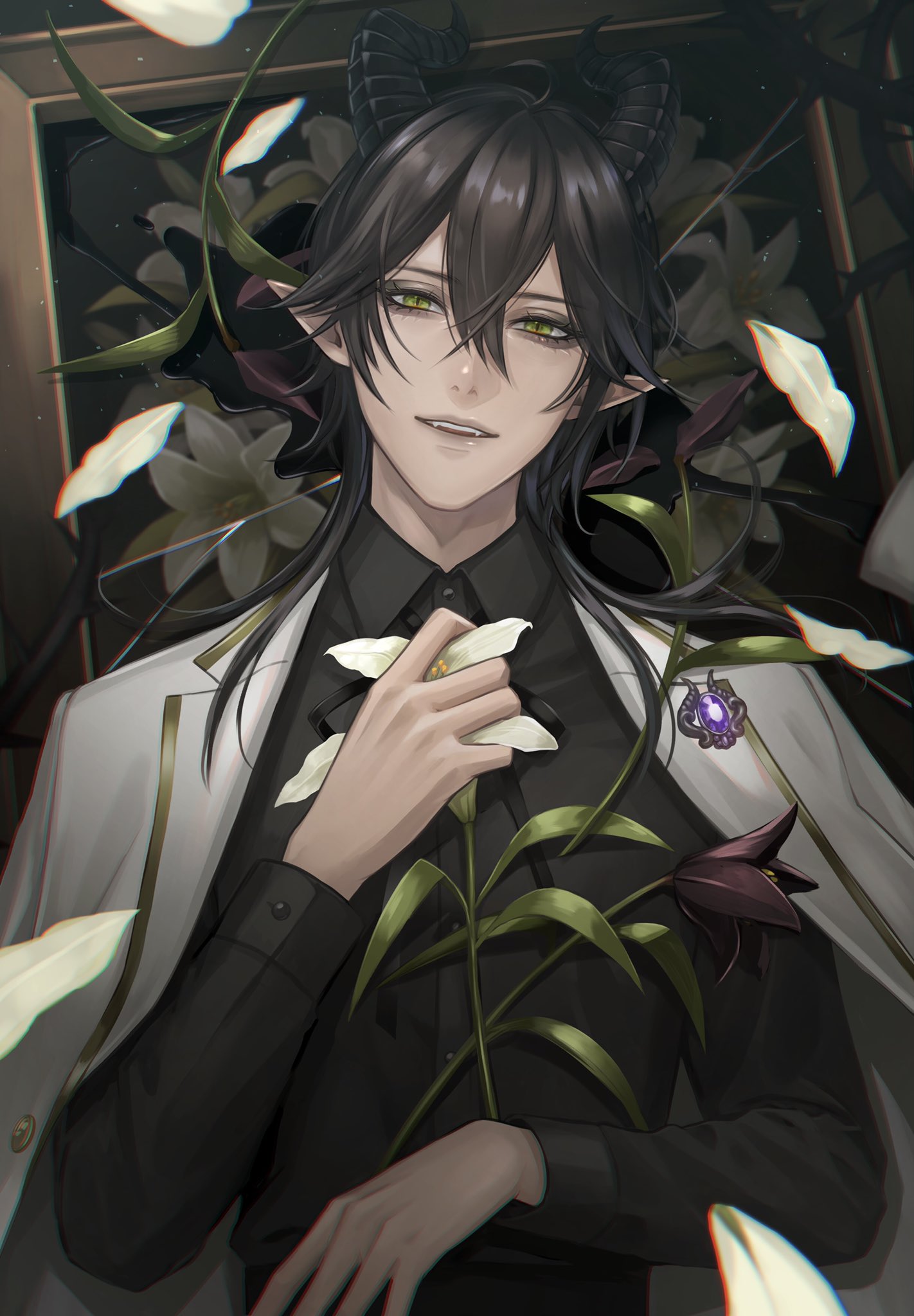 1boy bangs black_hair black_shirt broken_mirror dragon_boy dragon_horns eyeshadow falling_petals fangs flower green_eyes hand_up highres holding holding_flower horns jacket jacket_on_shoulders lily_(flower) looking_at_viewer makeup male_focus malleus_draconia medium_hair meg_mumu mirror petals pointy_ears shirt smile solo teeth thorns twisted_wonderland upper_body white_jacket white_petals